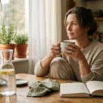 A woman sits at a rustic wooden table drinking from a mug, with an open notebook, water carafe, and potted plants nearby.