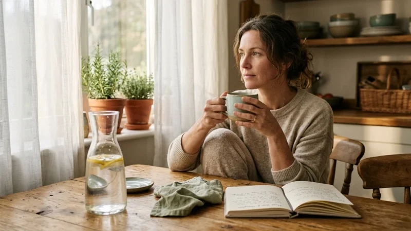 A woman sits at a rustic wooden table drinking from a mug, with an open notebook, water carafe, and potted plants nearby.