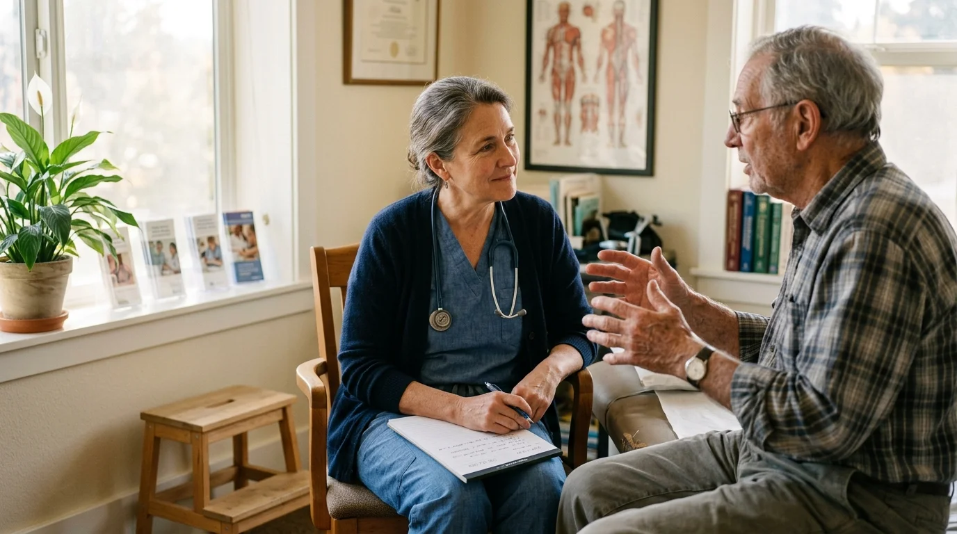 A doctor with a stethoscope sits smiling while listening to an elderly man speaking in an exam room.