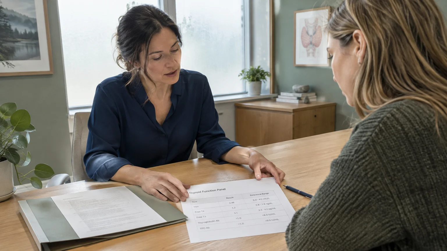 A woman reviews a printed Thyroid Function Panel test result at a wooden desk with a patient.