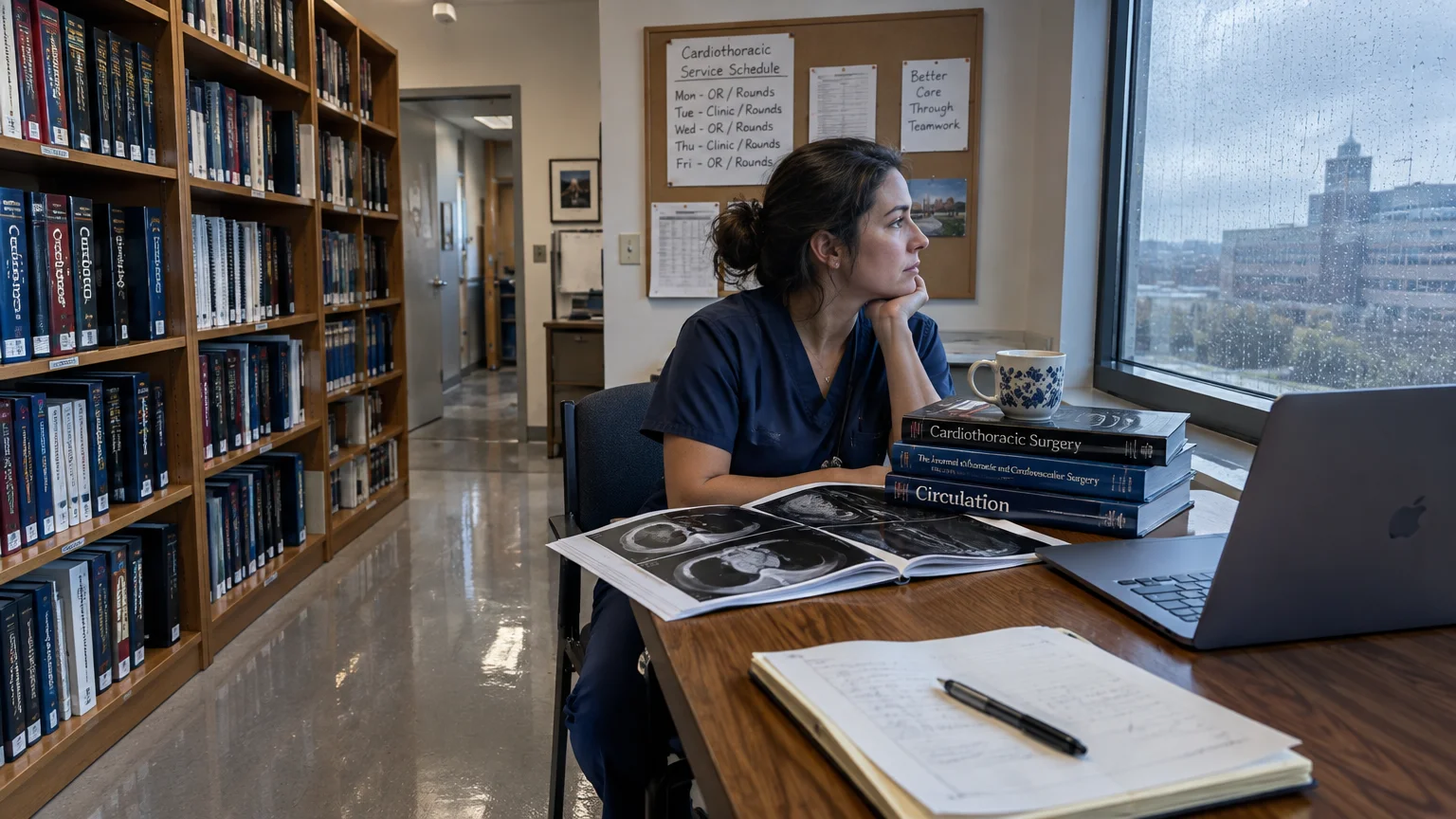 A doctor in scrubs sits at a desk with medical textbooks and scans, looking out a rainy window in a library.