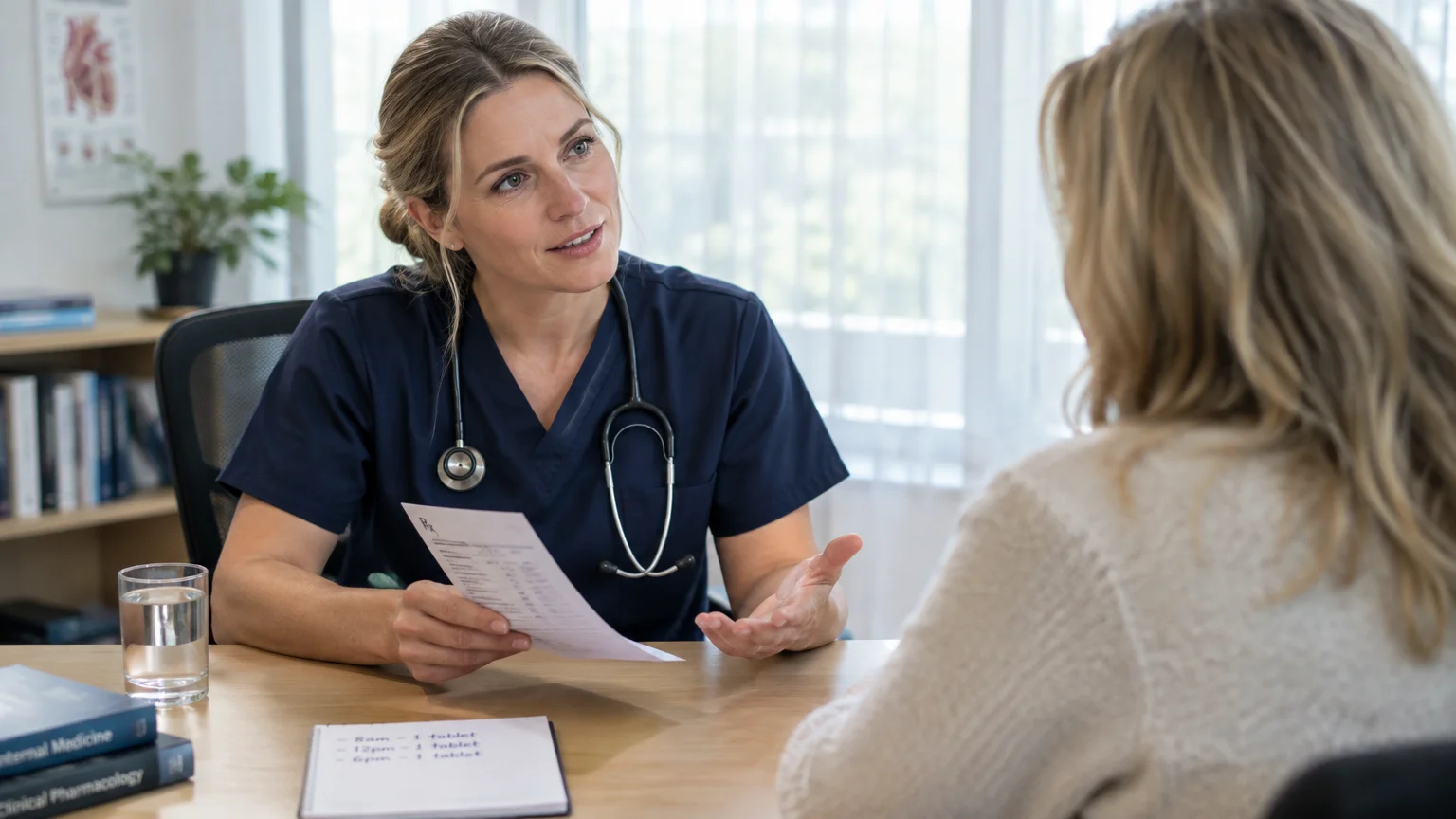 A clinician in navy scrubs speaks with a patient across a desk while holding a prescription paper.