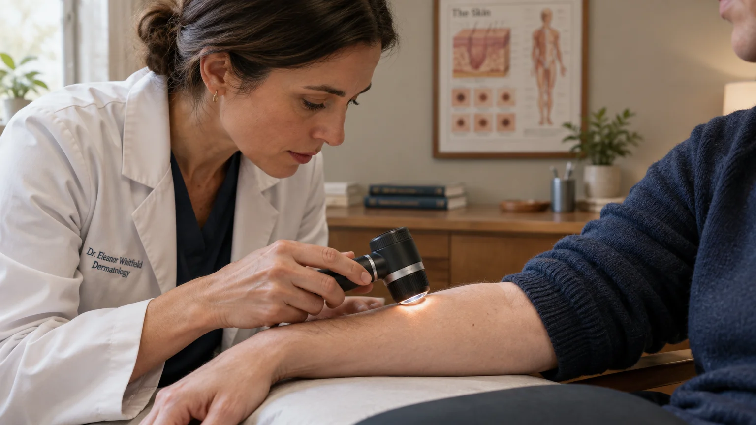 A dermatologist examines a patient's arm using a lighted dermatoscope in a clinic setting.