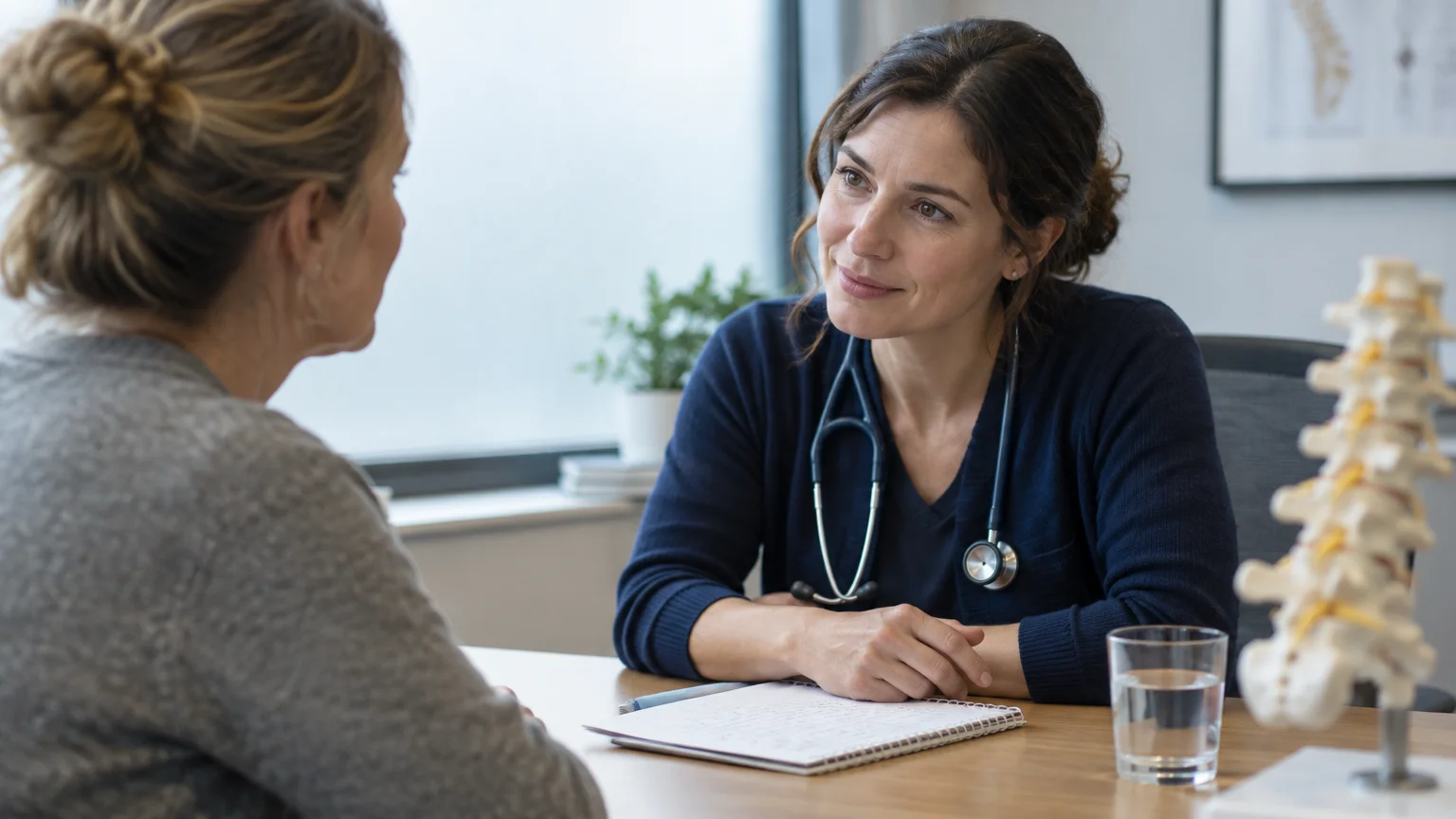A female doctor with a stethoscope sits at a desk listening to a patient, with a spine model nearby.