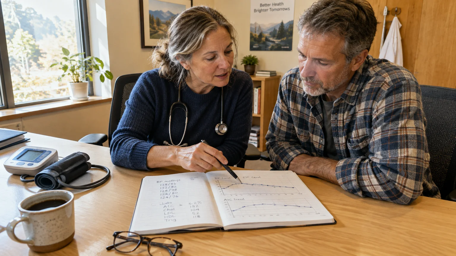 A female doctor points to a notebook with recorded blood pressure readings while consulting a man at a desk.