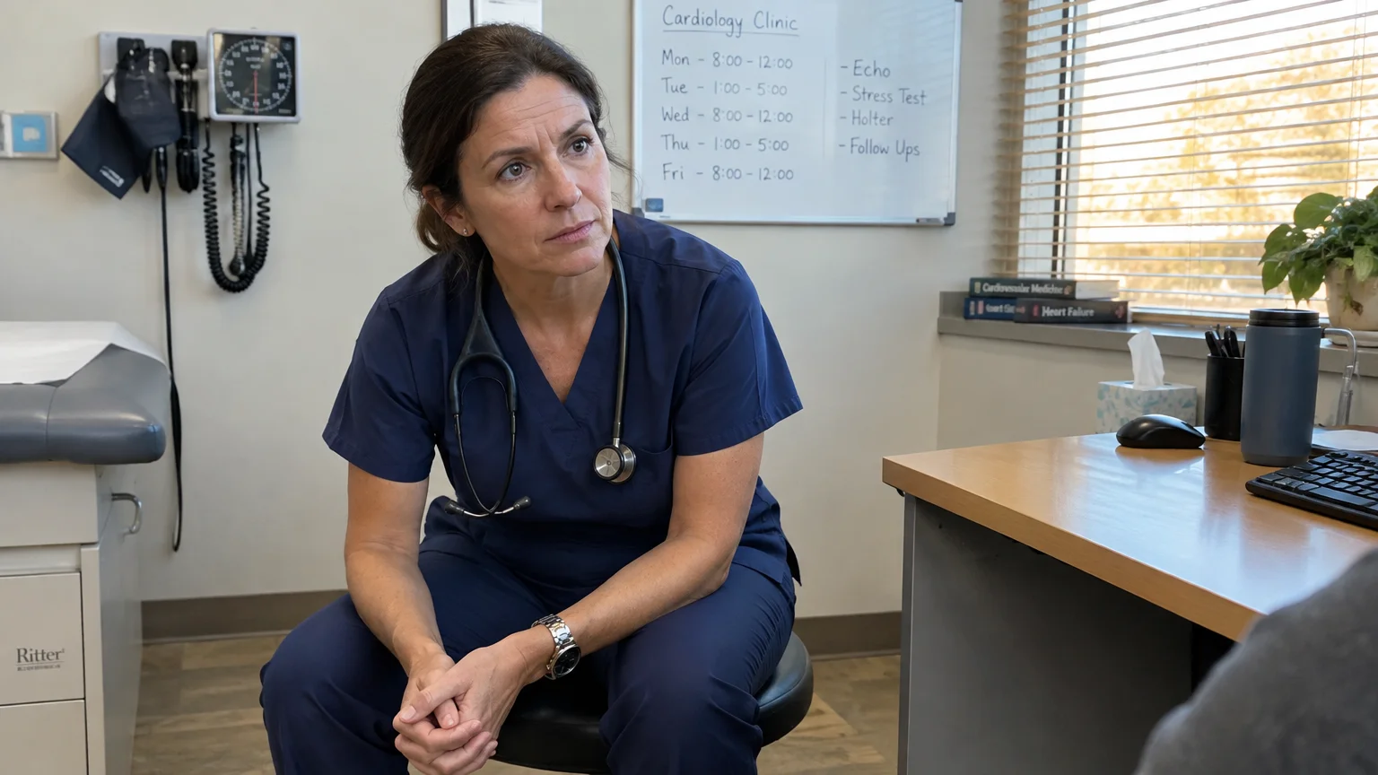 A female clinician in blue scrubs with a stethoscope around her neck sits listening attentively in an exam room.
