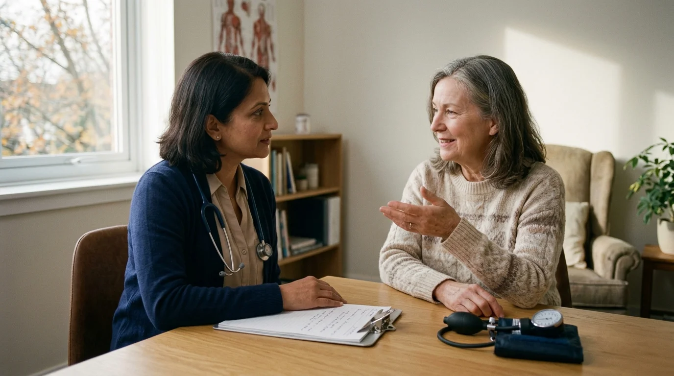 A female doctor with a stethoscope sits at a desk listening to an older female patient during an appointment.