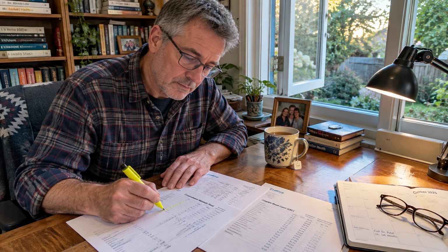A man wearing glasses sits at a wooden desk by a window, highlighting printed medical lab results with a yellow pen.