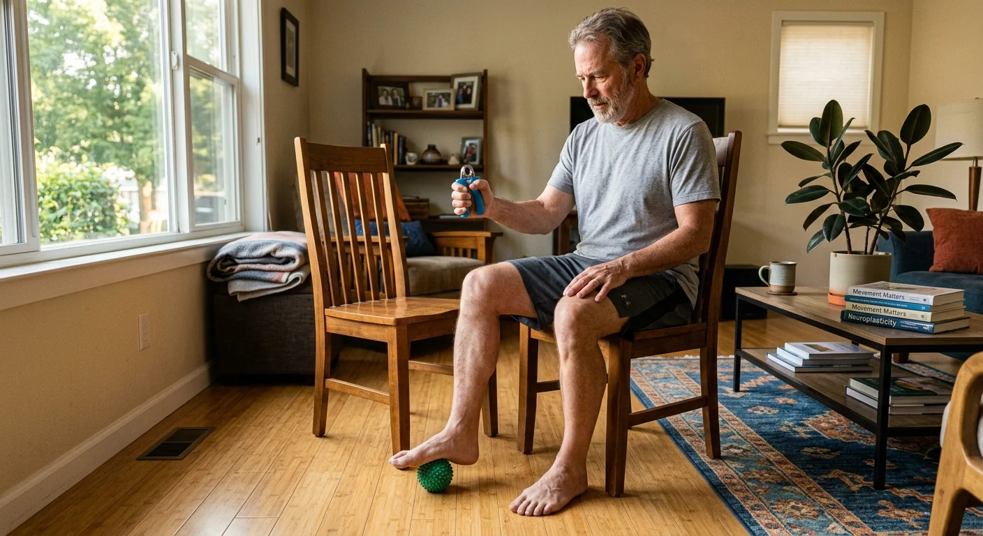 A mature man seated in a living room squeezes a hand grip strengthener while rolling a massage ball under his foot.
