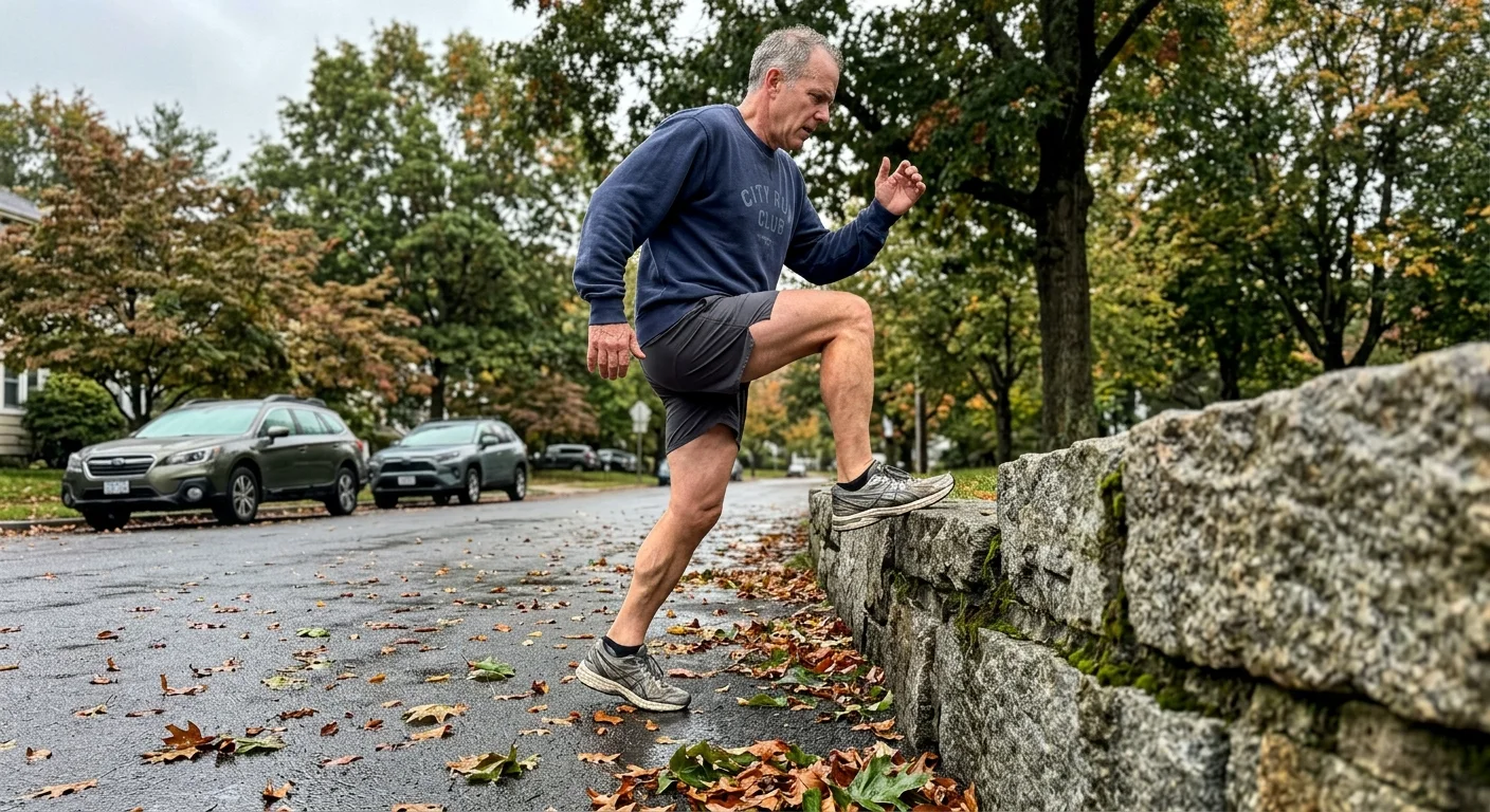 A man in athletic wear steps onto a stone wall along a wet, tree-lined suburban street covered in autumn leaves.