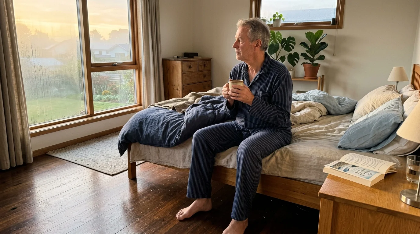 A senior man in striped pajamas sits on an unmade bed holding a mug and looking out the window at dawn.