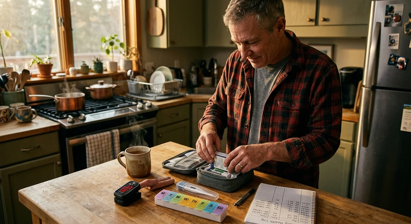 A man in a kitchen organizing medication, a thermometer, a pulse oximeter, and a health log on a counter.