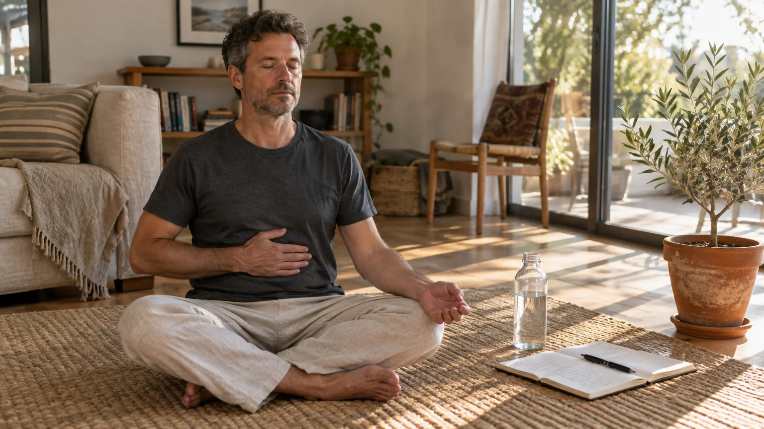 Man sitting cross-legged on a rug with eyes closed and hand on his stomach, meditating near a journal and water bottle.