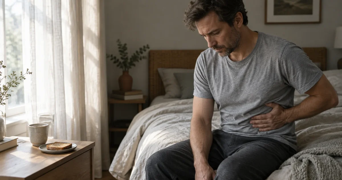 A man in a grey t-shirt sits on a bed while holding his left upper abdomen with a pained expression.