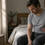 A man in a grey t-shirt sits on a bed while holding his left upper abdomen with a pained expression.