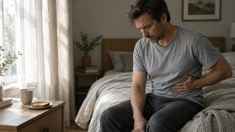 A man in a grey t-shirt sits on a bed while holding his left upper abdomen with a pained expression.