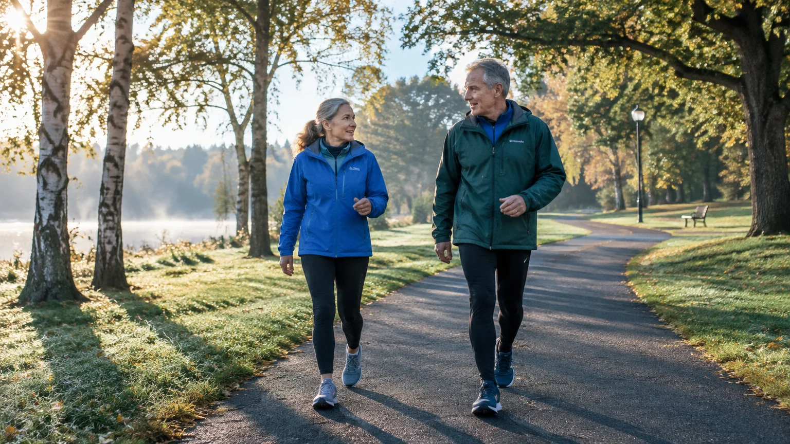 Older couple wearing athletic jackets and leggings briskly walking along a paved park path beside a sunlit lake.