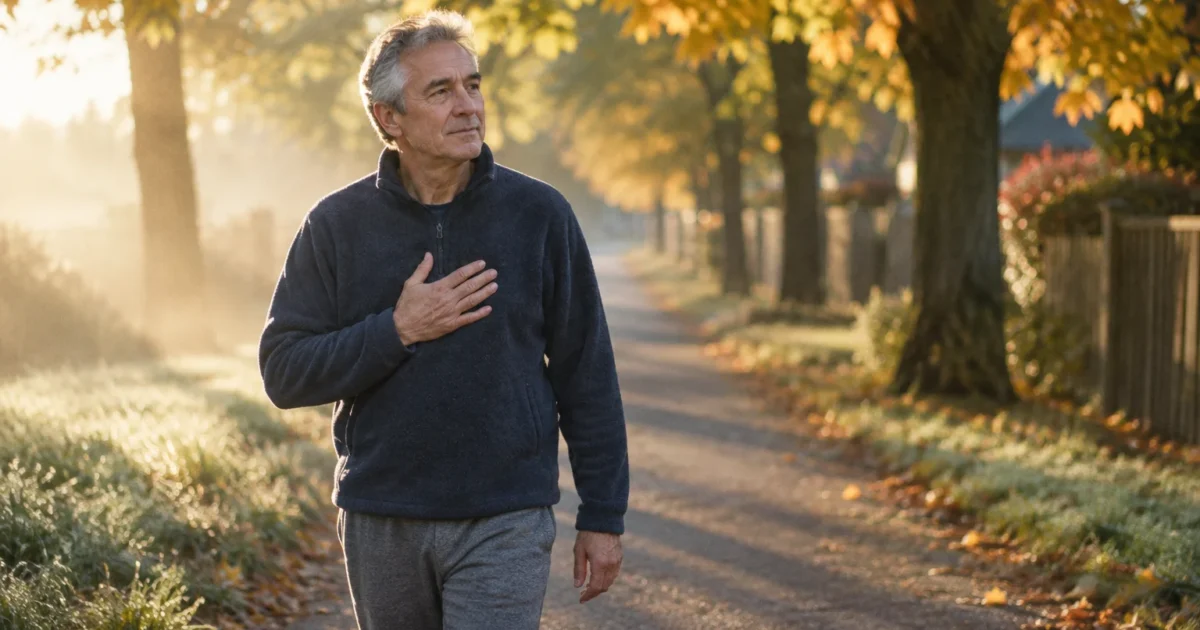 A mature man walking along a sunlit autumn path with his hand pressed against his chest.
