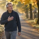 A mature man walking along a sunlit autumn path with his hand pressed against his chest.