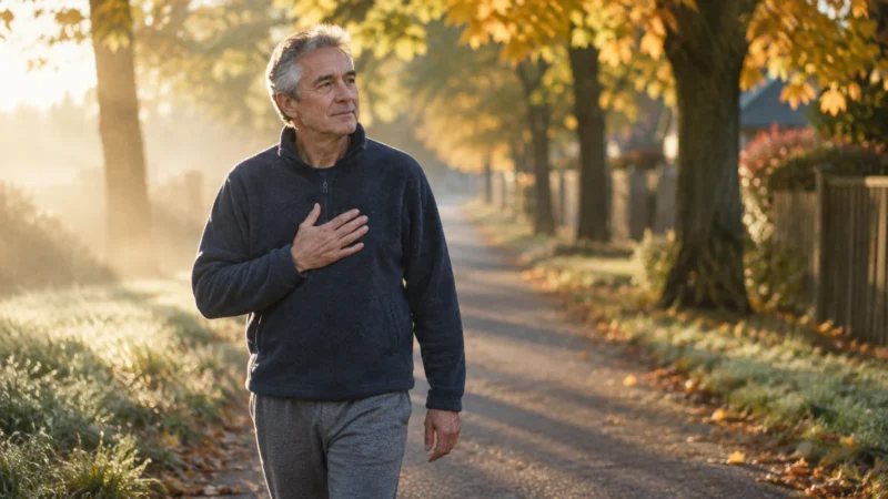 A mature man walking along a sunlit autumn path with his hand pressed against his chest.
