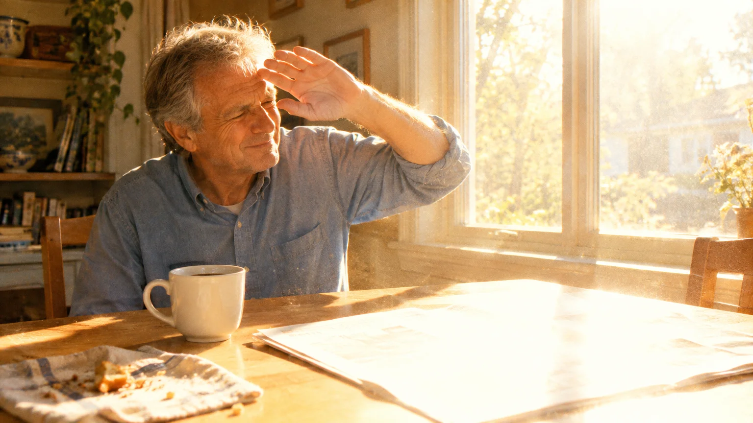 A senior man sitting at a breakfast table raises his hand to shield his squinting eyes from bright window sunlight.