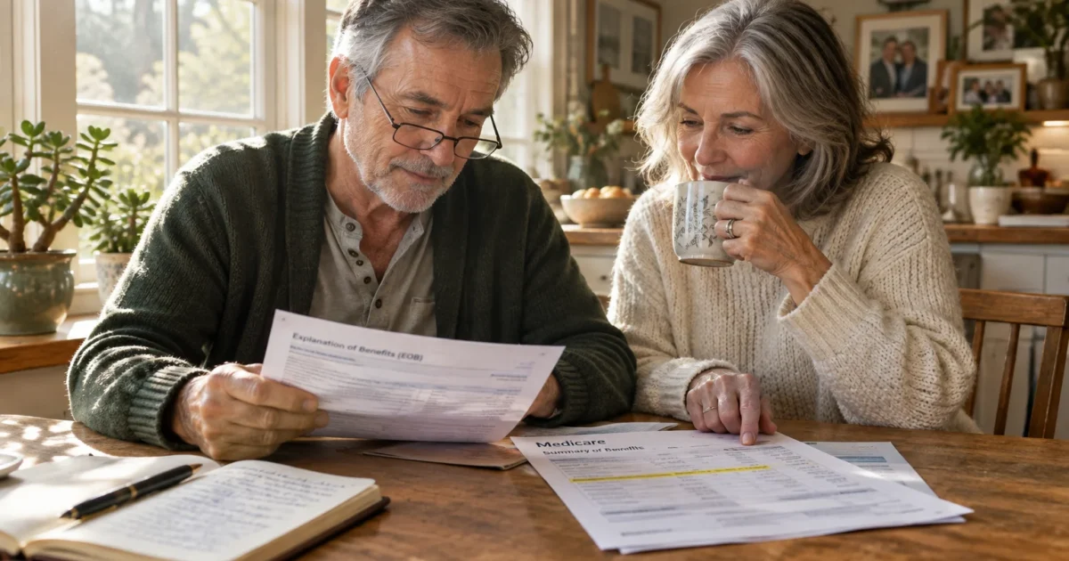 An older couple sitting at a wooden table reviewing Medicare summary documents and an explanation of benefits statement.