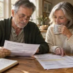 An older couple sitting at a wooden table reviewing Medicare summary documents and an explanation of benefits statement.
