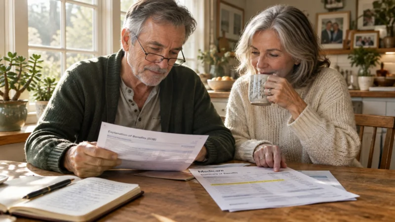 An older couple sitting at a wooden table reviewing Medicare summary documents and an explanation of benefits statement.