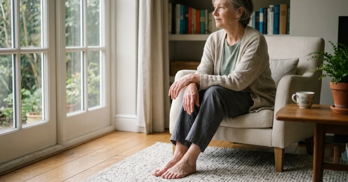 Barefoot senior woman sitting in an armchair by a glass door looking out toward the garden.