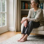 Barefoot senior woman sitting in an armchair by a glass door looking out toward the garden.