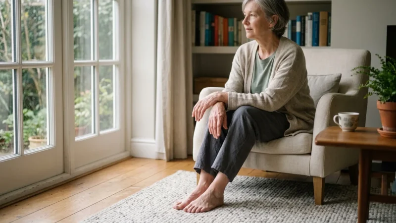 Barefoot senior woman sitting in an armchair by a glass door looking out toward the garden.