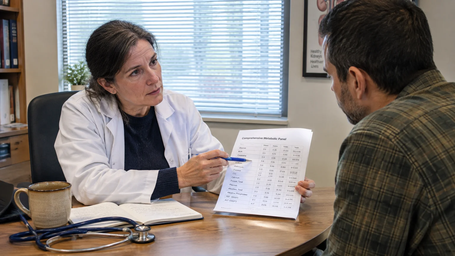A female doctor in a white coat shows a comprehensive metabolic panel document to a male patient sitting across a desk.