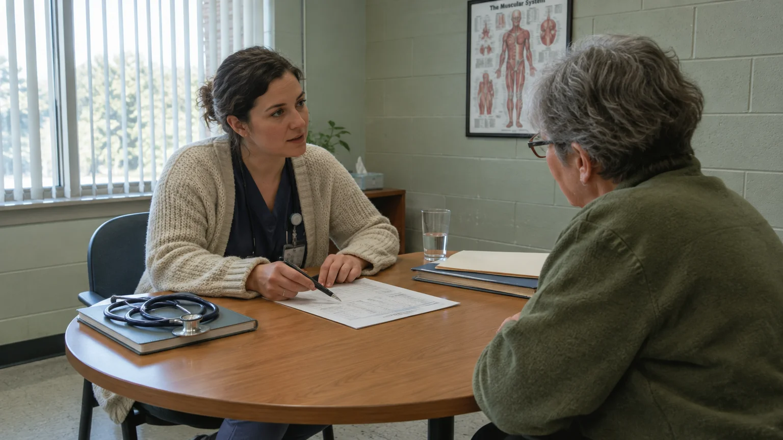 A doctor sits at a round wooden desk discussing medical paperwork with a seated patient in a clinic room.