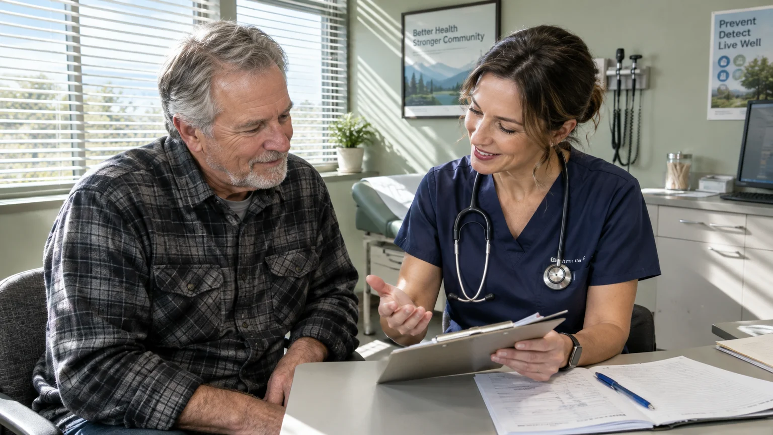 A doctor in navy scrubs speaks with an older man in a clinic, holding a clipboard over papers on a desk.