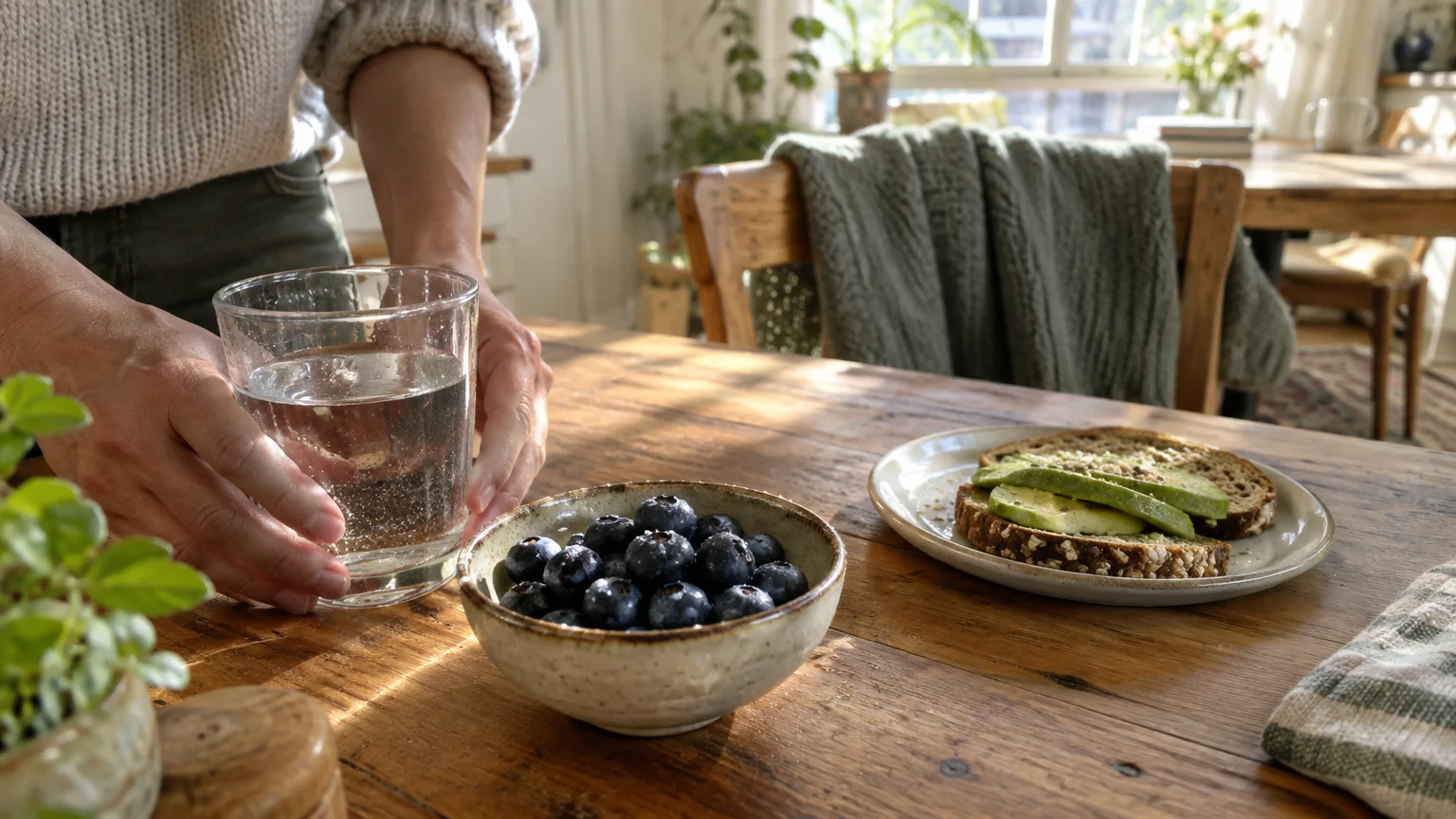 Hands setting a glass of water on a wooden table beside a bowl of blueberries and a plate of avocado toast.