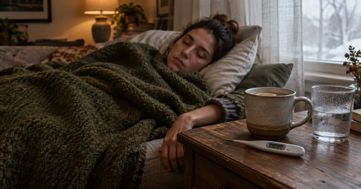 A sick woman rests under a blanket on a couch next to a digital thermometer, a warm mug, and water on a nightstand.