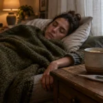 A sick woman rests under a blanket on a couch next to a digital thermometer, a warm mug, and water on a nightstand.