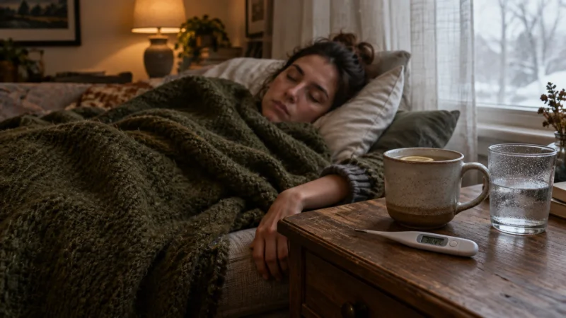 A sick woman rests under a blanket on a couch next to a digital thermometer, a warm mug, and water on a nightstand.