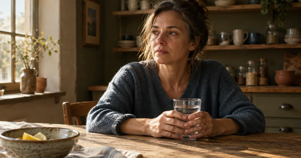 A thoughtful woman sits at a wooden table in a rustic kitchen holding a clear glass of water near a bowl of lemons.