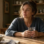 A thoughtful woman sits at a wooden table in a rustic kitchen holding a clear glass of water near a bowl of lemons.