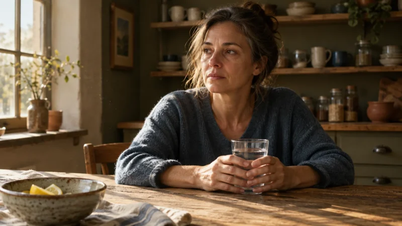 A thoughtful woman sits at a wooden table in a rustic kitchen holding a clear glass of water near a bowl of lemons.
