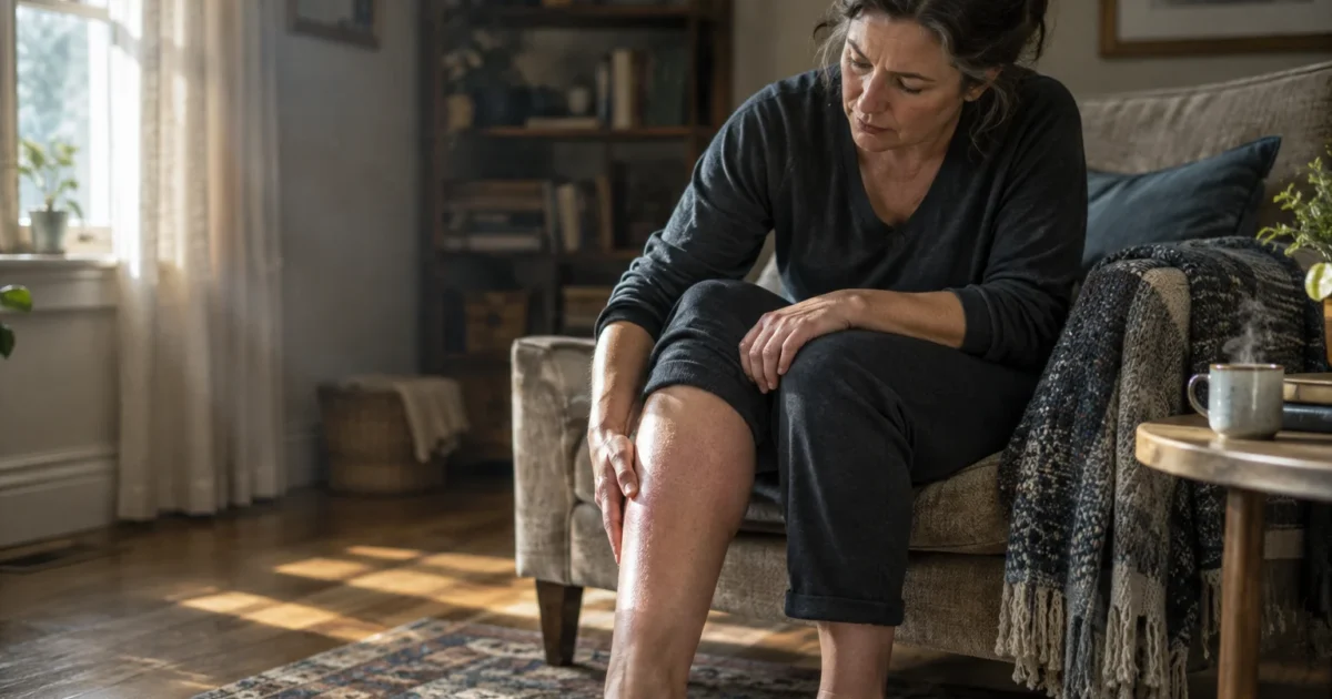 A woman sitting in an armchair examines her bare, swollen lower leg with a concerned expression.