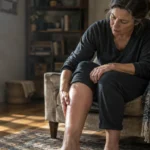 A woman sitting in an armchair examines her bare, swollen lower leg with a concerned expression.