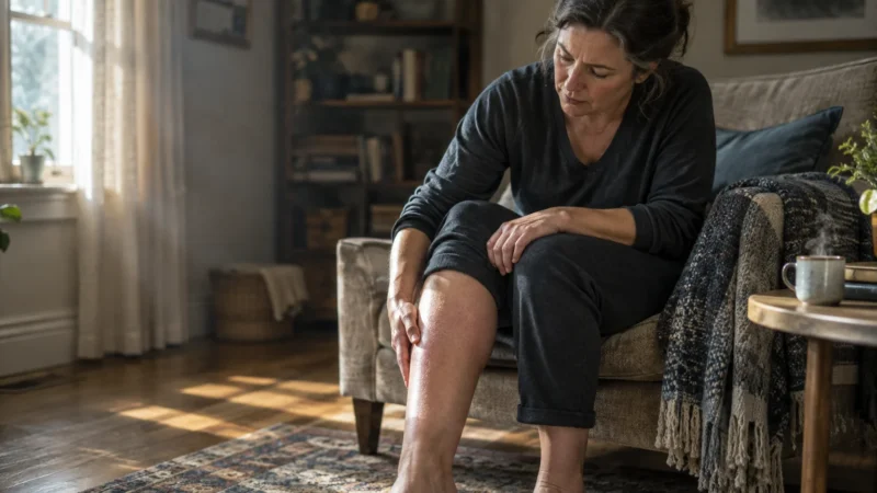 A woman sitting in an armchair examines her bare, swollen lower leg with a concerned expression.