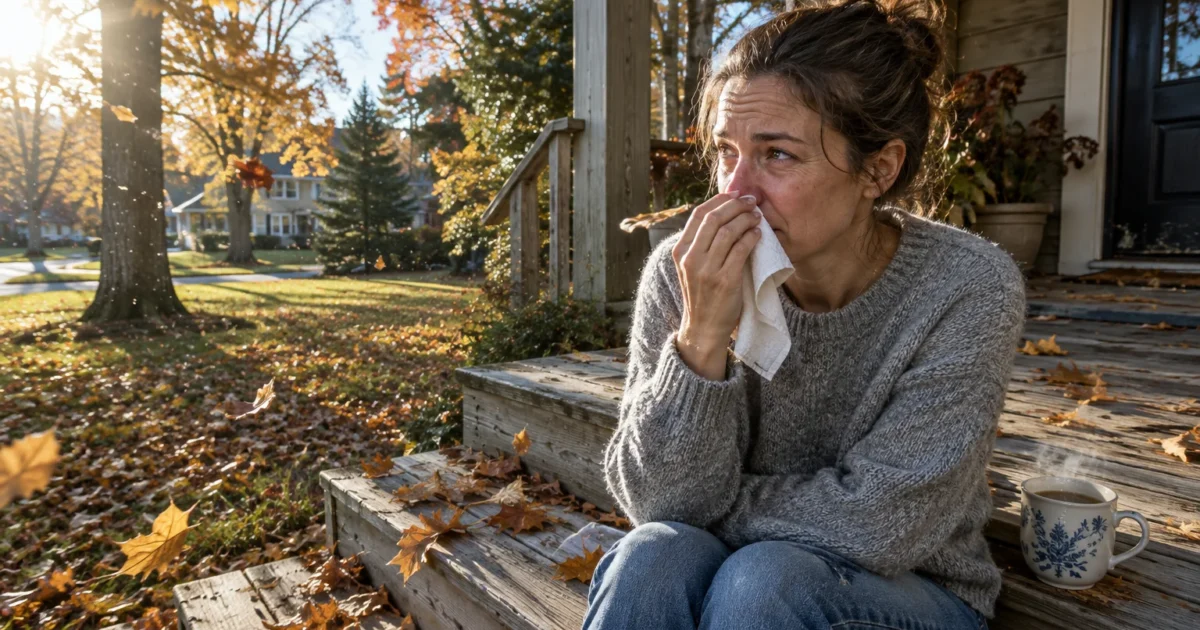 A woman sitting on wooden porch steps holding a tissue to her nose outdoors amid falling autumn leaves and sunlight.