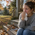 A woman sitting on wooden porch steps holding a tissue to her nose outdoors amid falling autumn leaves and sunlight.