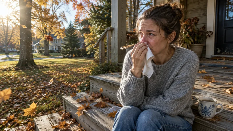 A woman sitting on wooden porch steps holding a tissue to her nose outdoors amid falling autumn leaves and sunlight.