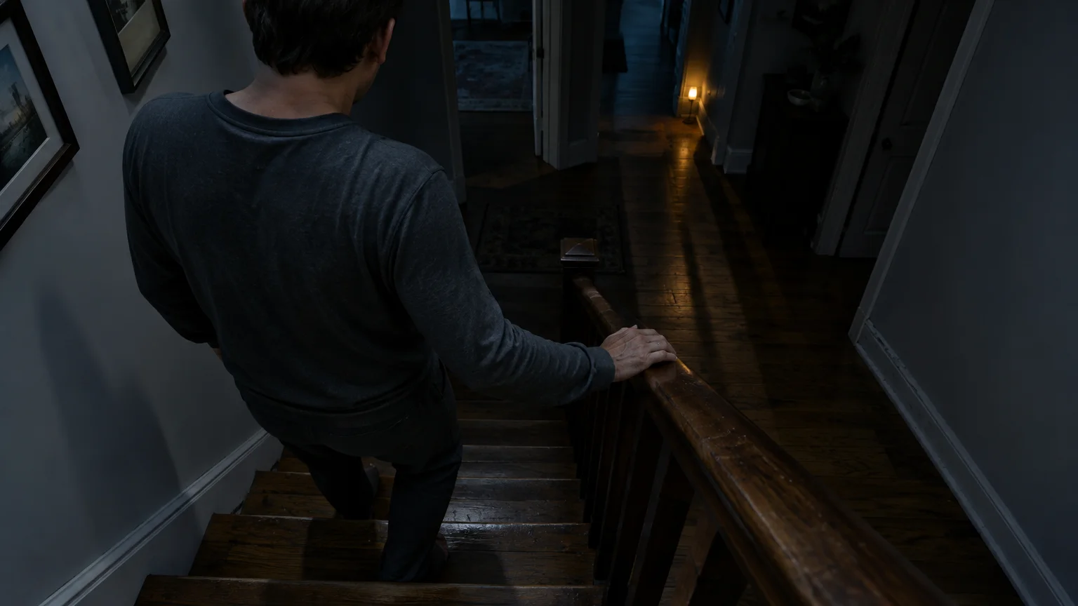 High-angle view of a man holding a wooden banister as he carefully walks down a dark staircase at night.