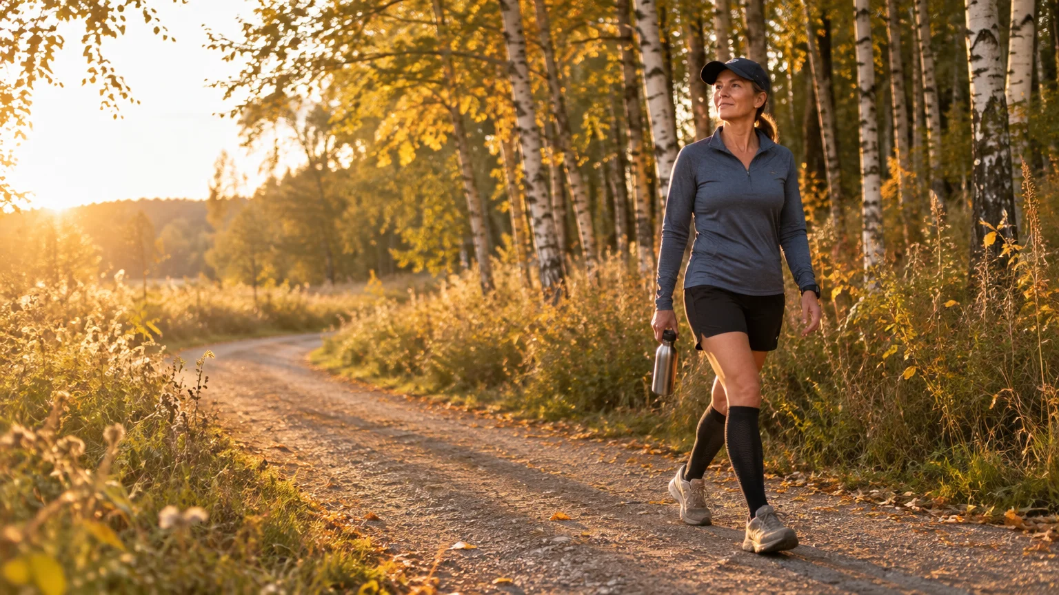Woman in a cap, long sleeve shirt, shorts, and compression socks walking along a sunlit dirt road near birch trees.