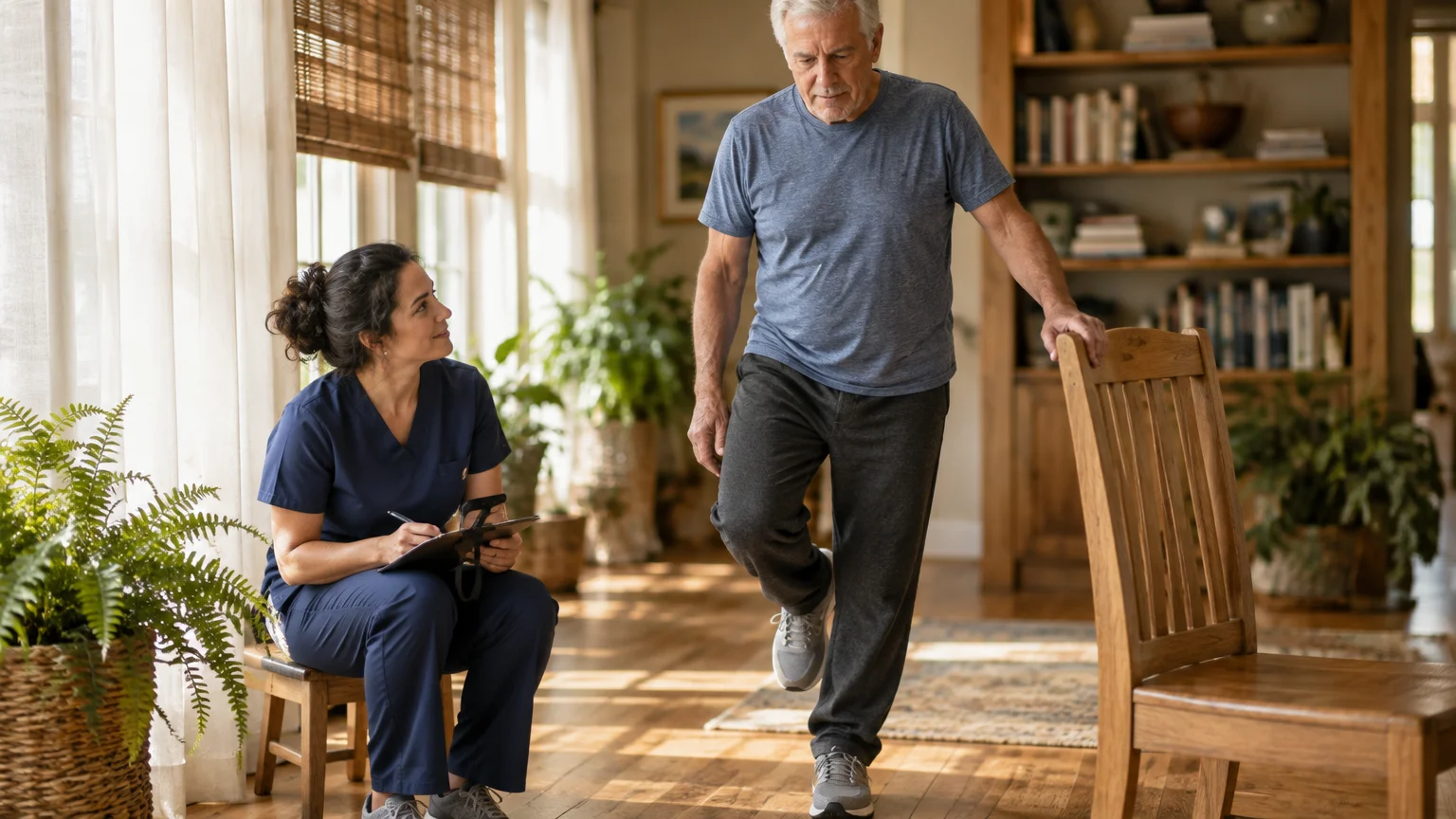 A senior man balances on one leg by a wooden chair while a clinician in blue scrubs takes notes on a clipboard.